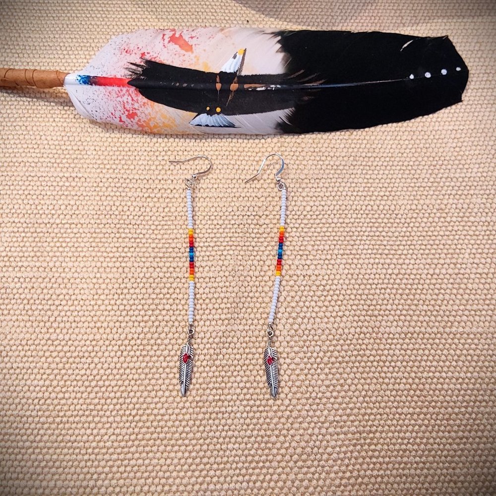 NWT, HANDCRAFTED SEED BEADED LONG EARRINGS.